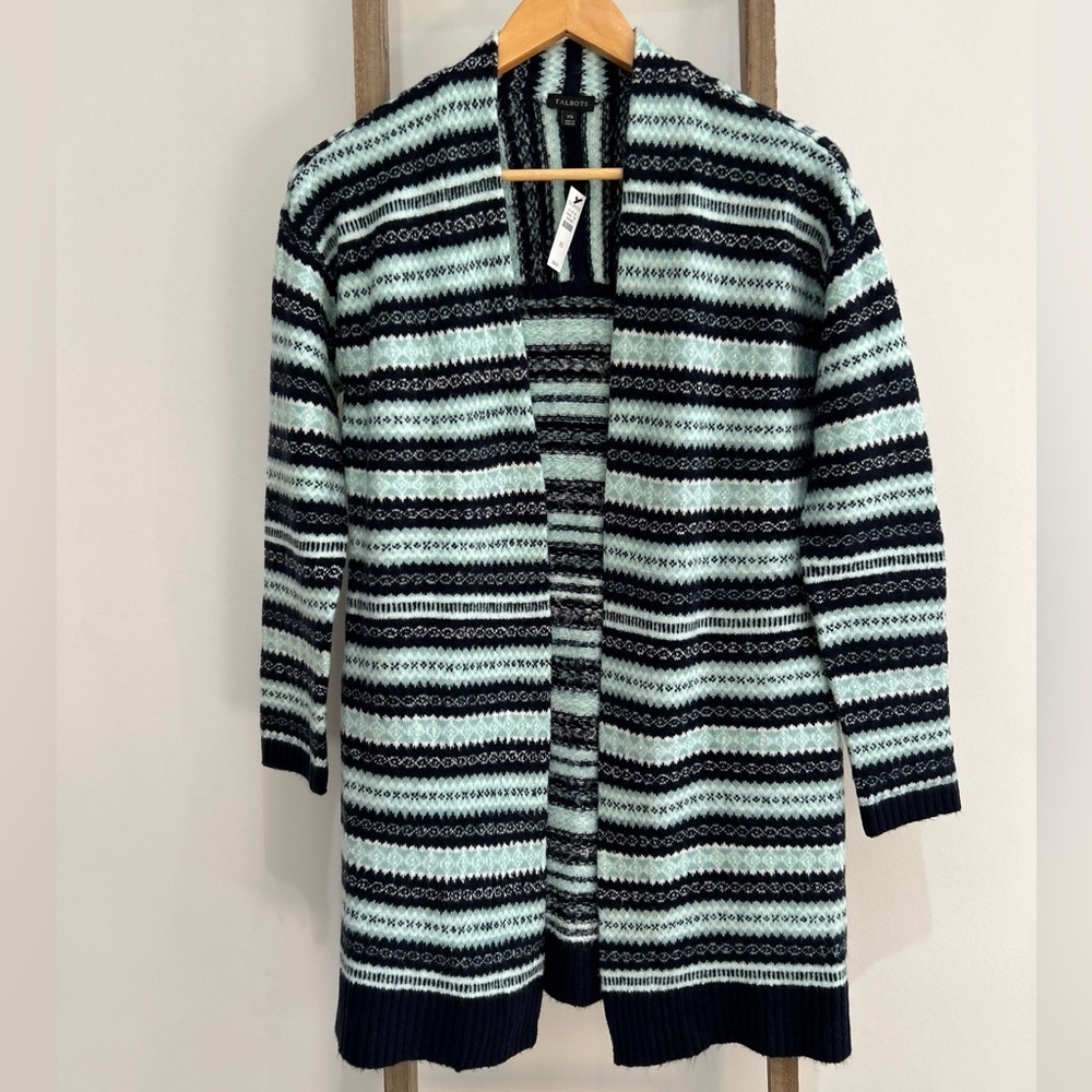 Talbots Fair Isle Open Front Cardigan Black Teal  Women’s Size XS NWT